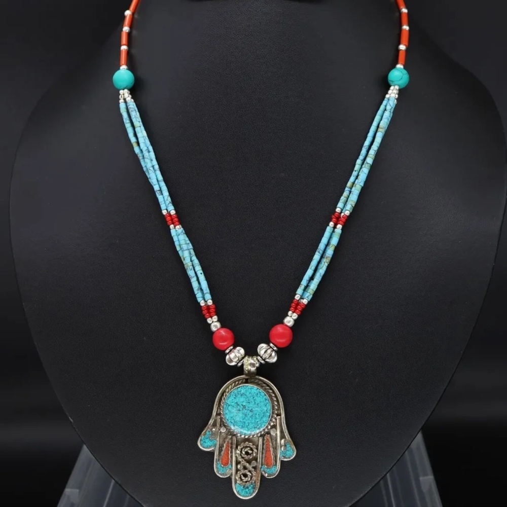 Tibetan silver Lapis, turquoise and coral Nepali necklace
